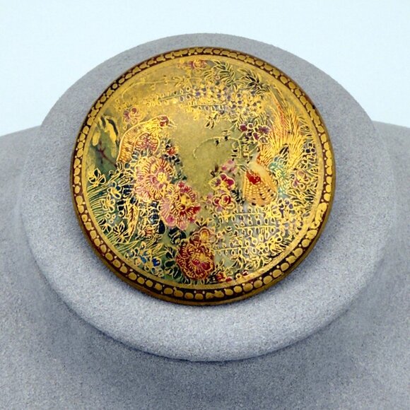 Antique Japanese Satsuma Ceramic Porcelain Hand Painted Brooch Pin Birds Flowers - Picture 7 of 13